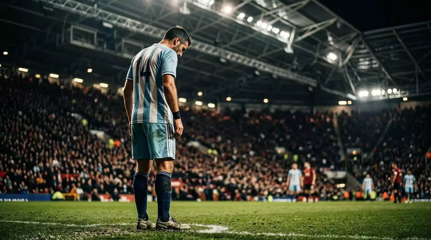 A veteran Argentina forward in pale blue and white stripes, head down, waiting to take a free-kick under stadium floodlights