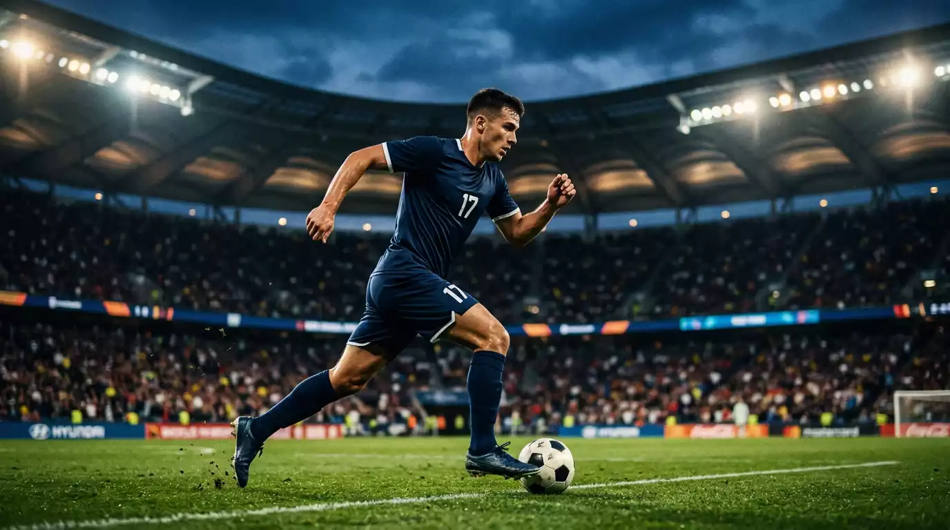 A young French forward in a navy blue jersey breaking forward under American stadium floodlights with a roof of clouds overhead