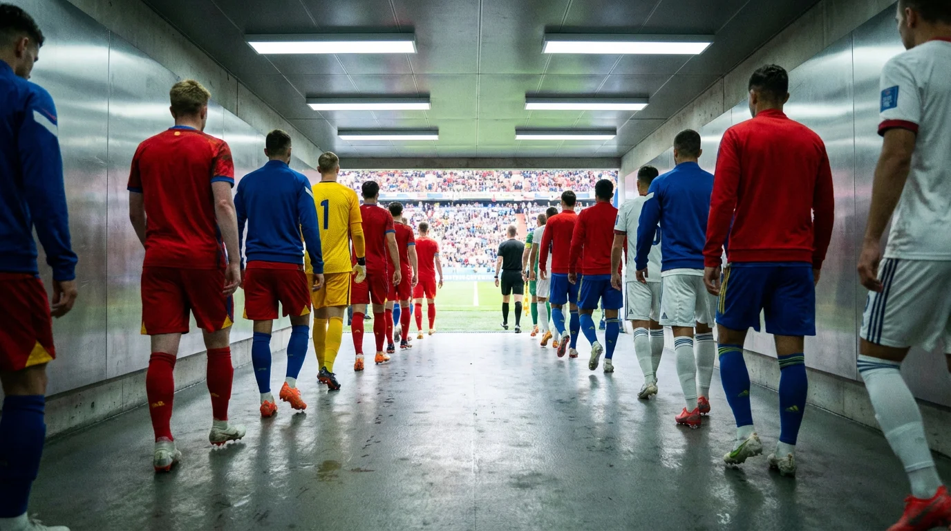 National team players in different coloured kits walking onto the pitch through the tunnel before a World Cup group stage fixture