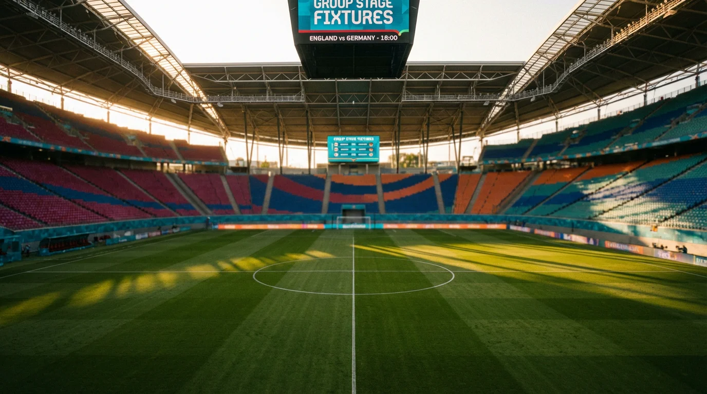 Football stadium pitch with World Cup 2026 branding and tournament group stage boards visible behind the goal