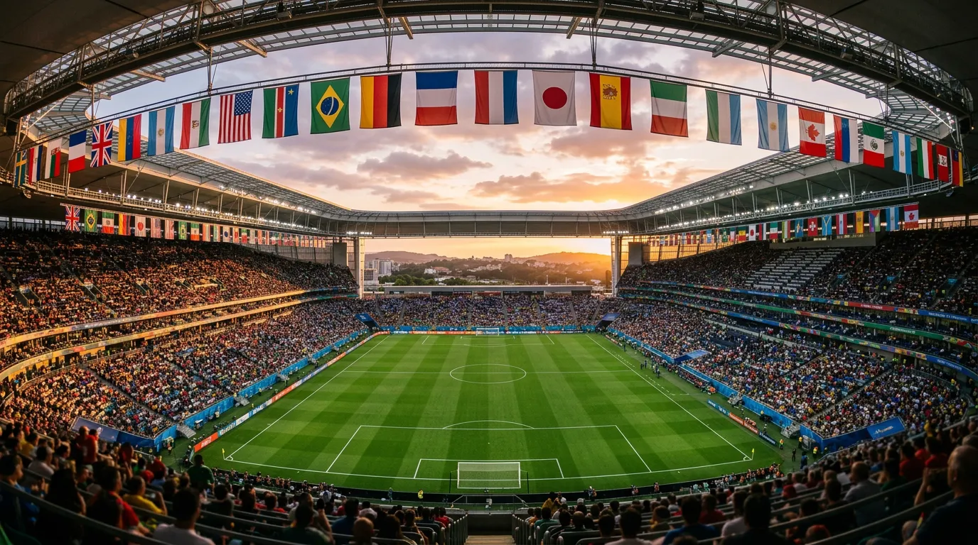 Stadium panorama with flags representing all 48 World Cup 2026 participating nations