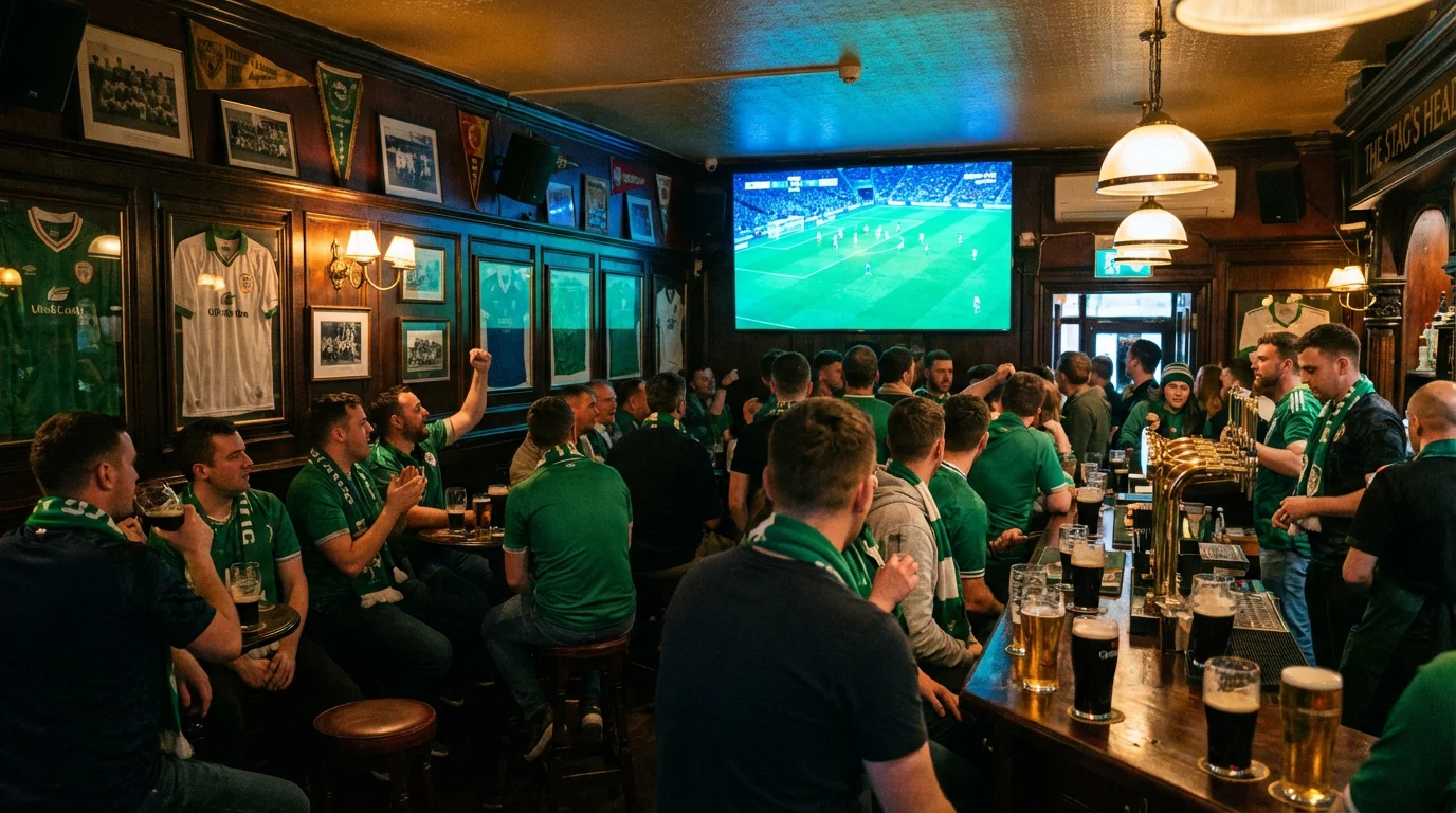 Supporters in green football scarves watching a match on a large screen inside a packed Dublin pub