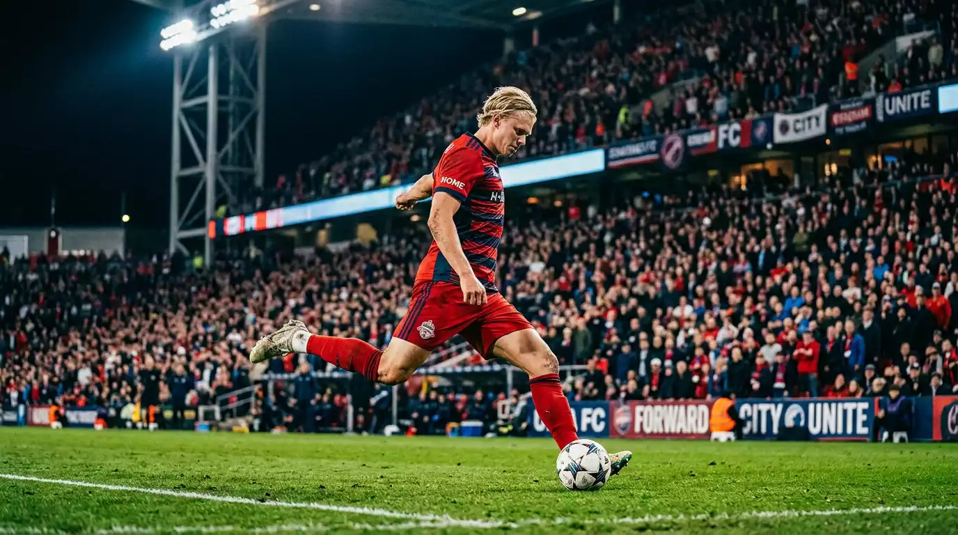 A tall, powerful Norway forward in red and blue stripes shaping to shoot under stadium floodlights with a packed crowd behind