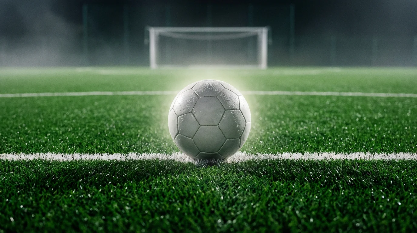Close-up of a football on the centre circle of a freshly marked pitch before a night match under floodlights