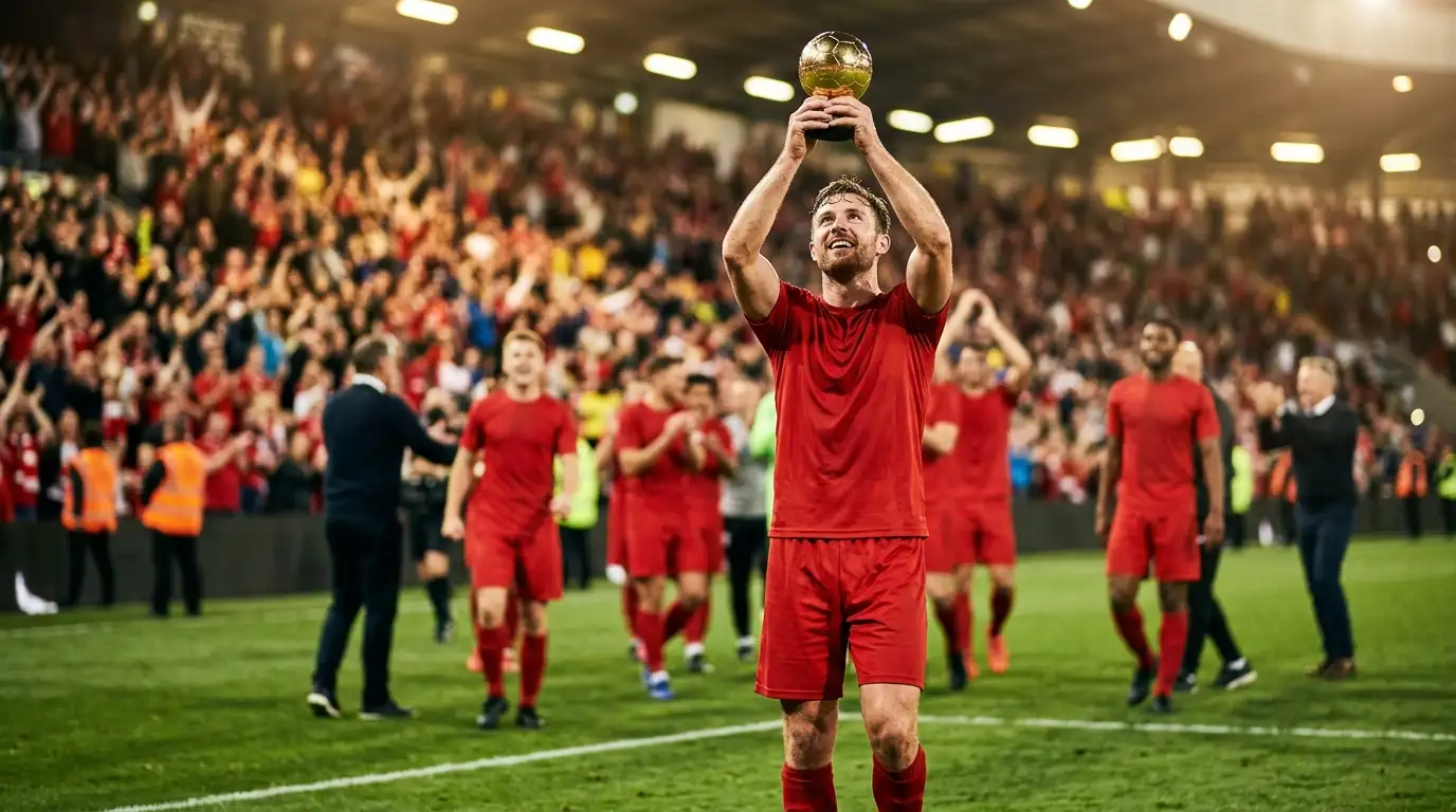 A midfielder in red holding a small golden award aloft, floodlit stadium behind, teammates blurred in celebration