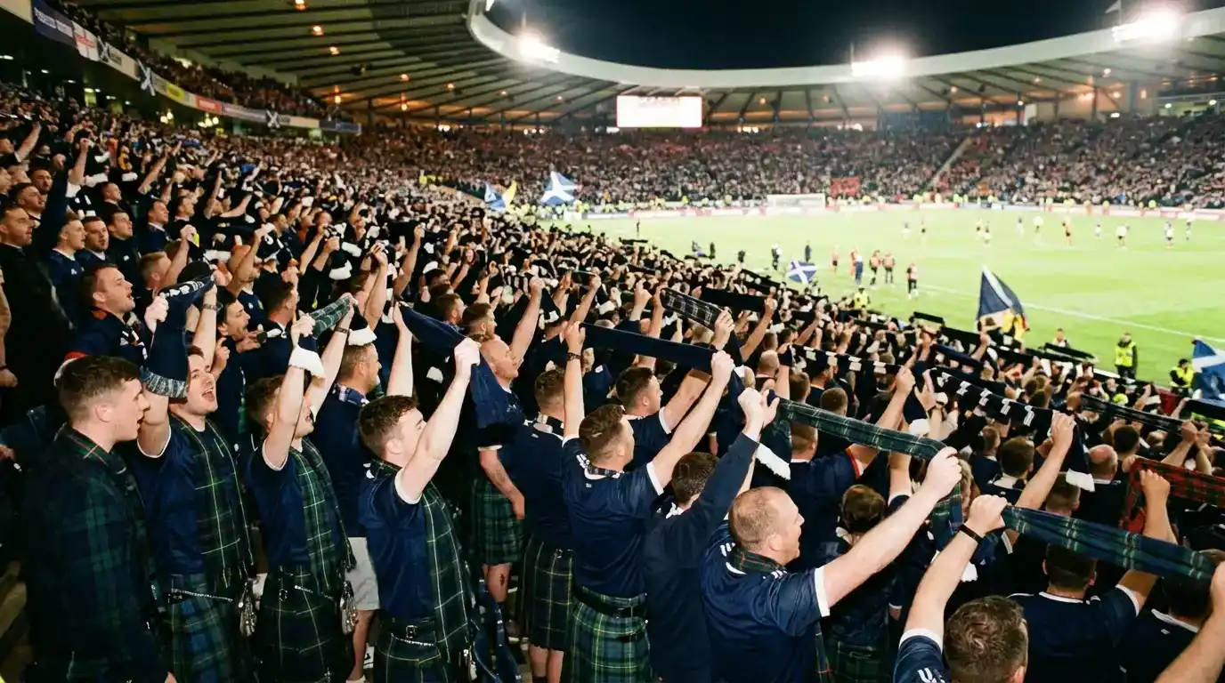 Scotland football supporters in tartan celebrating in a stadium crowd at the World Cup 2026
