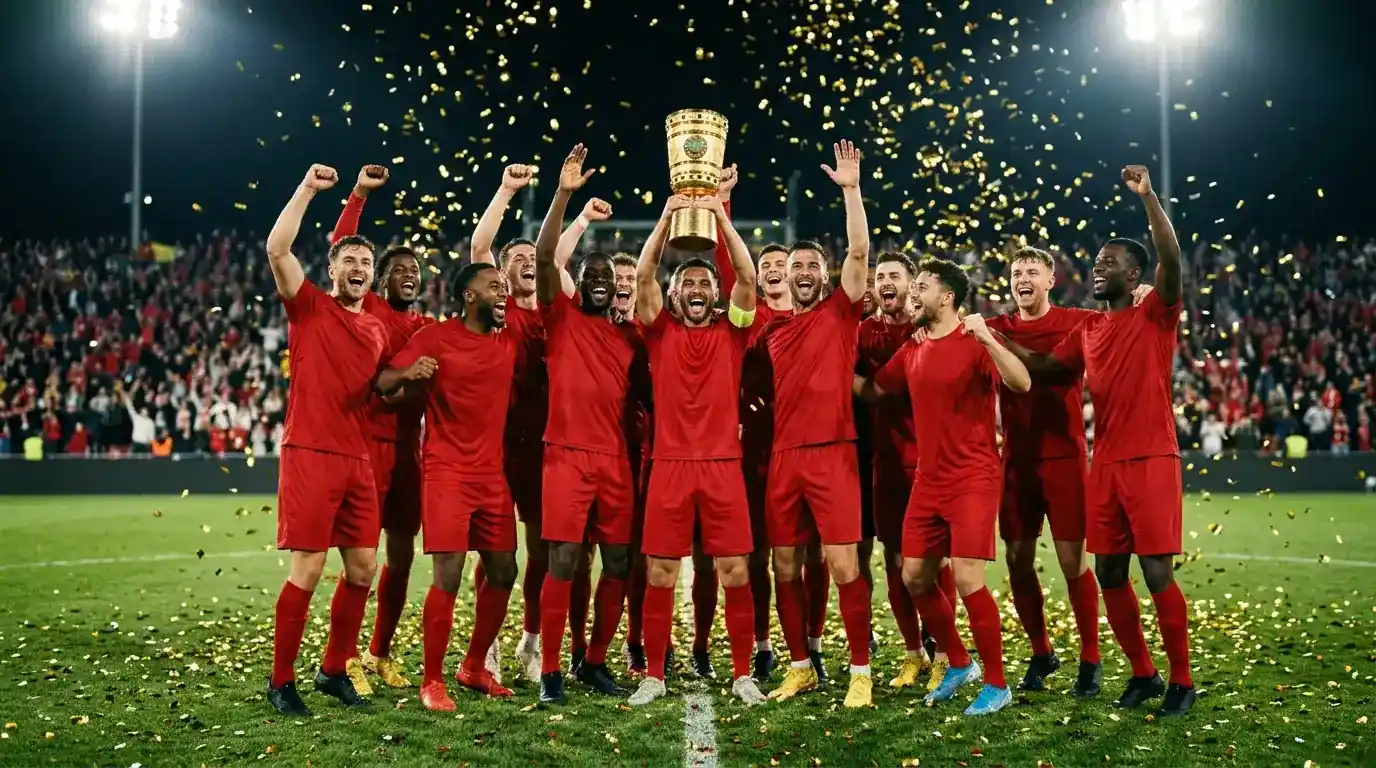 A team in red gathered around a golden trophy under falling confetti, arms raised, on a floodlit pitch