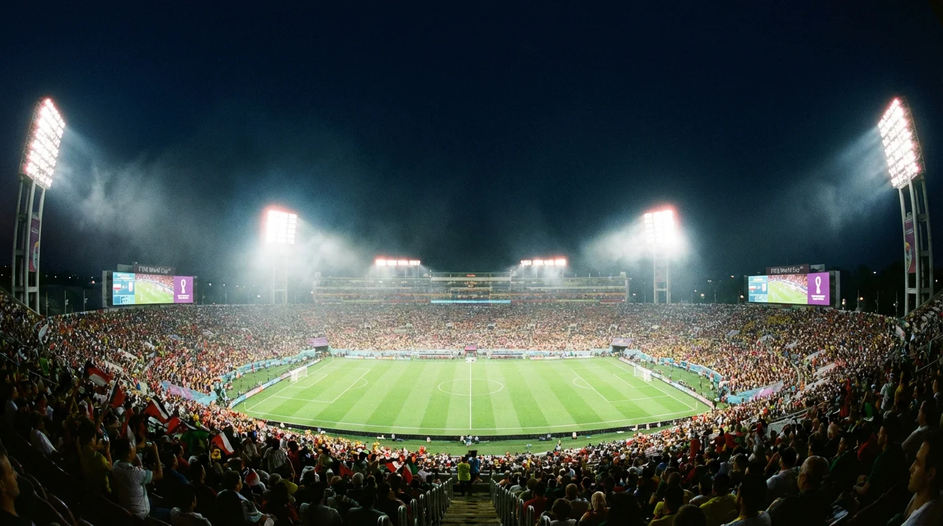 American football stadium converted for a World Cup match at night with bright floodlights illuminating the green pitch
