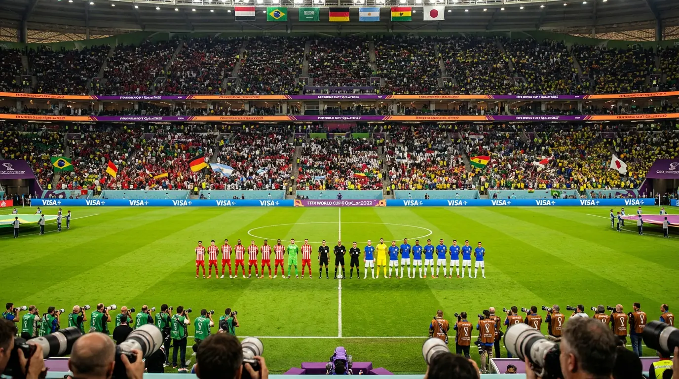 Wide-angle view of a packed football stadium during a World Cup group stage match with both teams lined up at kick-off