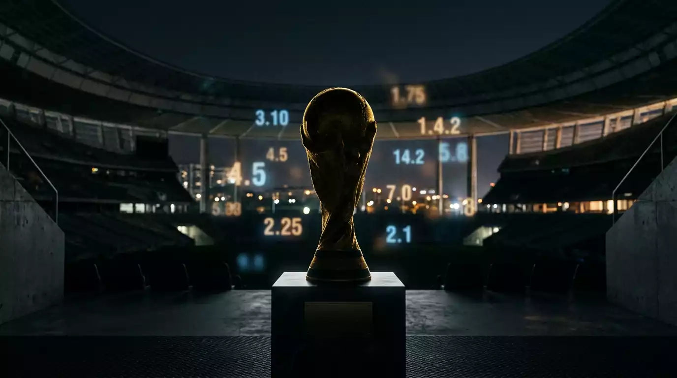 World Cup trophy silhouette against a stadium backdrop with shifting odds numerals