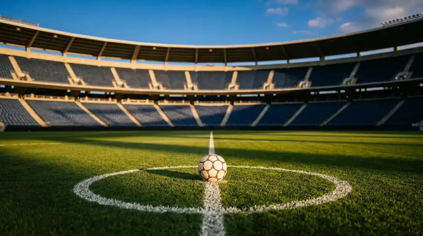 An open-air American football stadium under a midsummer sky, match ball on the centre spot before kick-off
