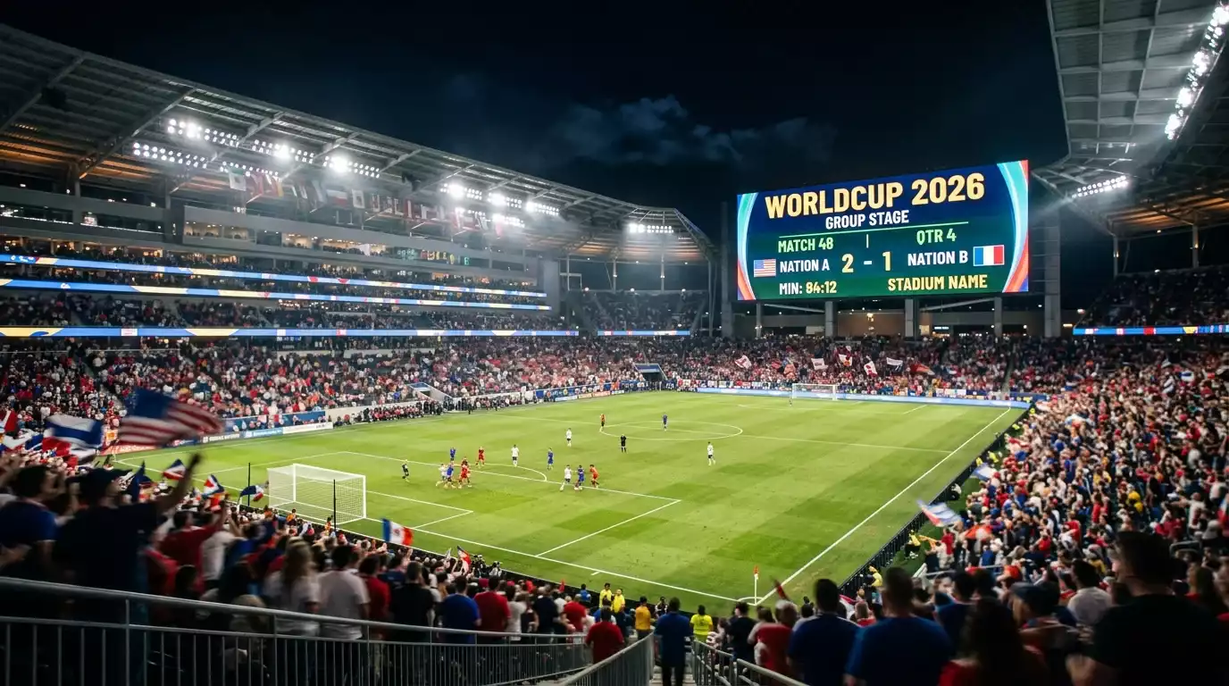 Match recap montage of World Cup 2026 group-stage action with a stadium scoreboard