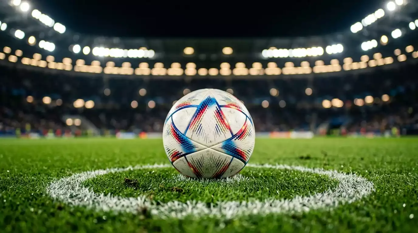 Close-up of a match ball on the penalty spot under stadium floodlights at the World Cup 2026