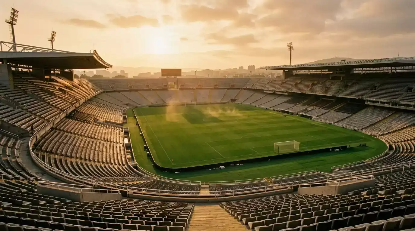 Open-air football stadium in warm afternoon light evoking summer tournament heat